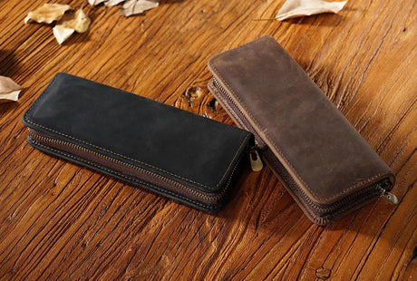 Black Genuine Leather Pencil Case - Vintage Zip-Up Pen Holder with Elastic Loops
