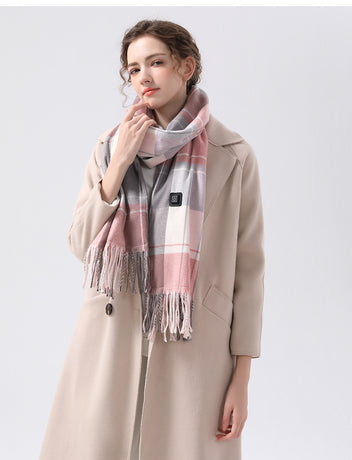 Gray And Pink Plaid Heated Scarf - Electric Warming Scarf, Winter Outdoor Essential (Without power bank)