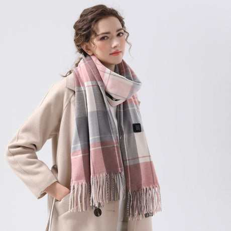 Gray And Pink Plaid Heated Scarf - Electric Warming Scarf, Winter Outdoor Essential (Without power bank)
