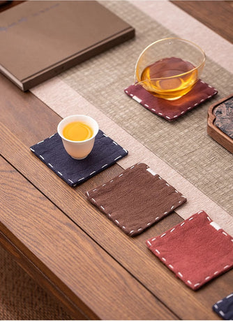 Purple Red Chinese Style Linen Coasters - Set of 4, Hand-Embroidered Tea Mats (9x9cm)