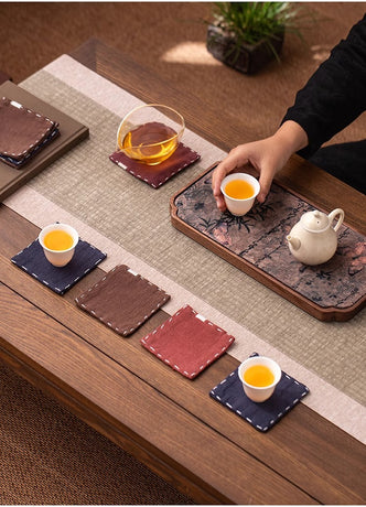 Purple Red Chinese Style Linen Coasters - Set of 4, Hand-Embroidered Tea Mats (9x9cm)