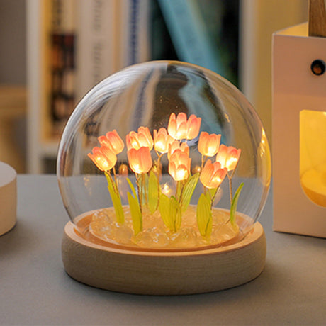 (Ten Blue Tulips) Glowing Tulip Dome Lamp - Wooden Base, Bedside Table Decoration
