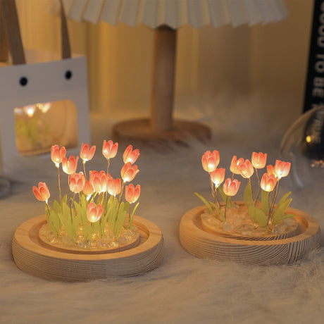 (Ten Blue Tulips) Glowing Tulip Dome Lamp - Wooden Base, Bedside Table Decoration