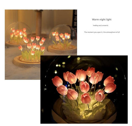 (Ten Blue Tulips) Glowing Tulip Dome Lamp - Wooden Base, Bedside Table Decoration