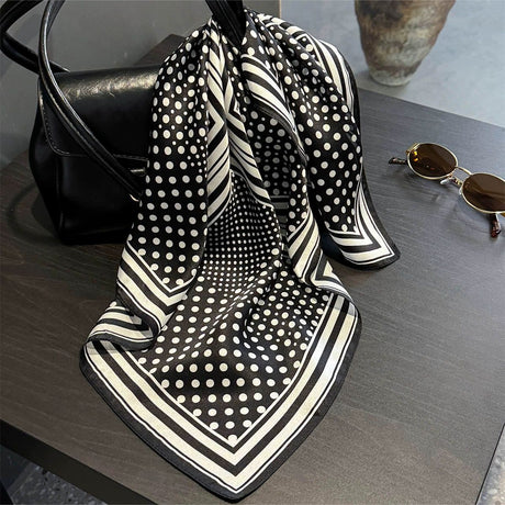 Black Polka Dots 53cm Silk Scarf - 100% Mulberry Silk, Floral Print, Women's Square Scarf Shawl (Style 5)