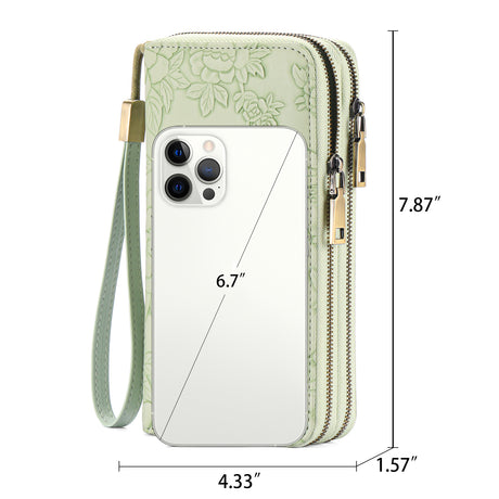 Green Embossed Design Large Capacity Vegan Leather Wallet with Wristlet