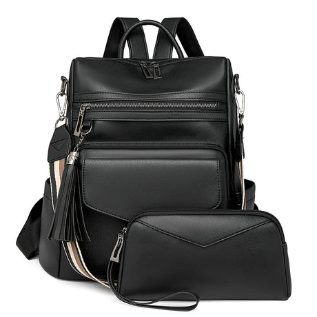 Black Fashionable Women's Backpack Set - With Coin Purse and Tassels