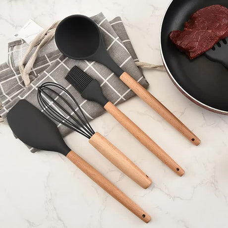 Red And Brown 12-Piece Silicone Kitchen Utensil Set - Non-Stick Food-Grade Silicone Cooking Tools with Wooden Handles and Holder