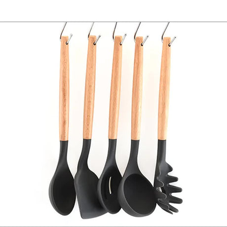 Red And Brown 12-Piece Silicone Kitchen Utensil Set - Non-Stick Food-Grade Silicone Cooking Tools with Wooden Handles and Holder