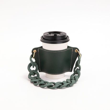 2 Pcs Dark Green Detachable Chain Coffee Cup Sleeve - PU Leather Insulated Cup Holder with Handle, 16cm Top, 70g(Cup not included, only cup sleeve and chain)