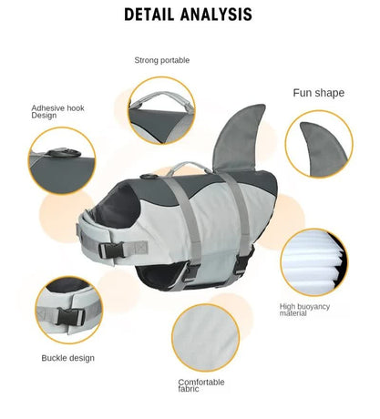 Size XS Grey Pet Life Jacket for Dogs - Summer Swimming Safety Vest with Shark Fin for Small to Large Breeds