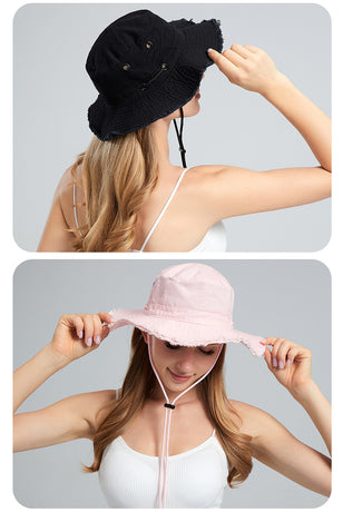 Beige Packable Cotton Bucket Hat - Folds into Wearable Pouch | Frayed Edge Sun Hat with Chin Strap