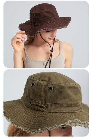 Beige Packable Cotton Bucket Hat - Folds into Wearable Pouch | Frayed Edge Sun Hat with Chin Strap