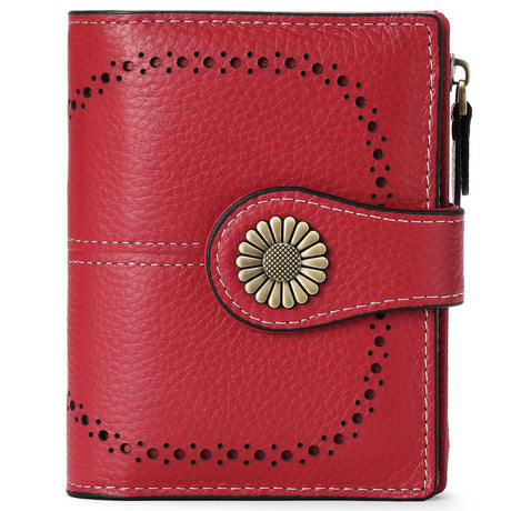 Red (Wrestling) Women's Short Leather Wallet - European Style Waxed Leather Coin Purse with Zipper Card Holder in Red