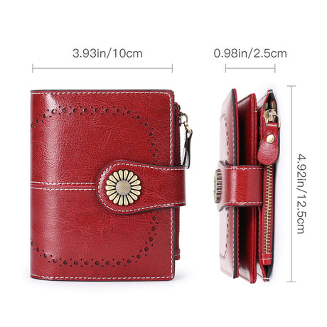 Blue-grey (Wrestling) Women's Short Leather Wallet - European Style Waxed Leather Coin Purse with Zipper Card Holder in Red