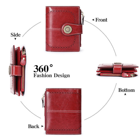 Blue-grey (Wrestling) Women's Short Leather Wallet - European Style Waxed Leather Coin Purse with Zipper Card Holder in Red