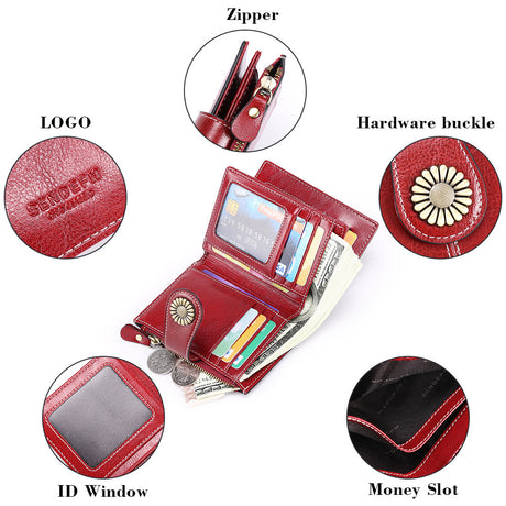 Blue-grey (Wrestling) Women's Short Leather Wallet - European Style Waxed Leather Coin Purse with Zipper Card Holder in Red
