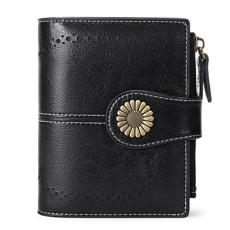 Black (64 grain) Women's Short Leather Wallet - European Style Waxed Leather Coin Purse with Zipper Card Holder in Red