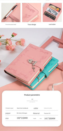 Heart Lock Diary with Key - Vintage Style Journal, Black PU Leather, Secure and Elegant