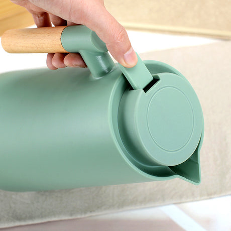 1000ml White thermos bottle with wooden handle, double-layer glass liner coffee pot, suitable for hot and cold drinks