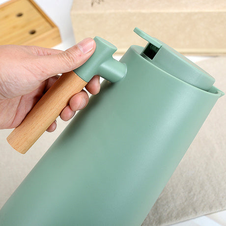 1000ml White thermos bottle with wooden handle, double-layer glass liner coffee pot, suitable for hot and cold drinks