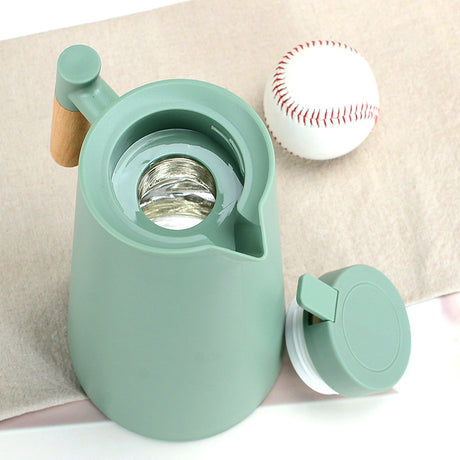 1000ml White thermos bottle with wooden handle, double-layer glass liner coffee pot, suitable for hot and cold drinks