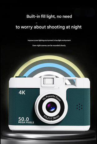 Compact 4K Digital Camera - 50MP, 16x Zoom, 2.4-inch IPS Screen, WiFi & Fill Light - Retro CCD Style(White)