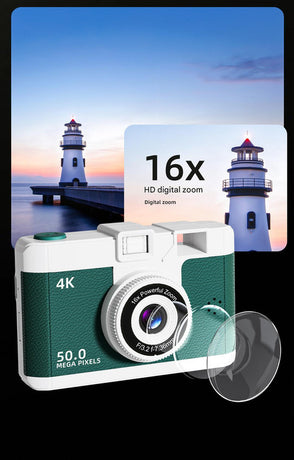Compact 4K Digital Camera - 50MP, 16x Zoom, 2.4-inch IPS Screen, WiFi & Fill Light - Retro CCD Style(White)