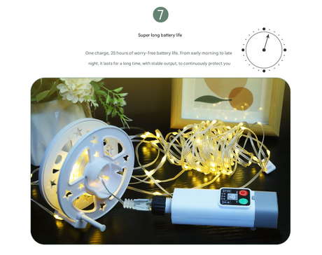 (300 lights warm white at 30 meters) Camping tent light kit - rechargeable power bank, spool light string, remote control
