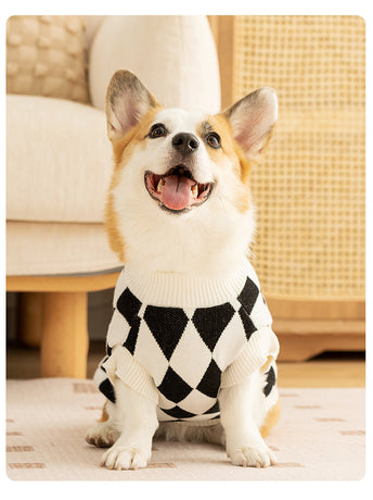 Classic Argyle Dog Sweater - Black & White Knit for Corgis & Medium Breeds (Size : S)