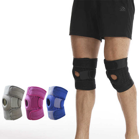 Blue Adjustable Knee Brace Support (Pair) with Dual Spring Stabilizers & Patella Gel Pad - Non-Slip for Sports Running Hiking
