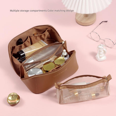 Pink Elegant PU Leather Makeup Bag & Toiletry Organizer with Detachable Mesh Pouch - Large Capacity Travel Cosmetic Case