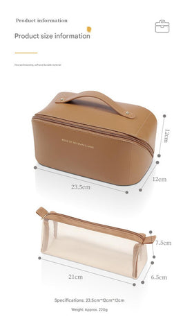 Brown Elegant PU Leather Makeup Bag & Toiletry Organizer with Detachable Mesh Pouch - Large Capacity Travel Cosmetic Case