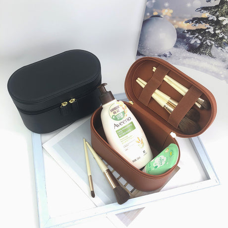 Brown Elegant PU Leather Makeup & Toiletry Bag - Large Capacity Travel Cosmetic Organizer with Brush Holder