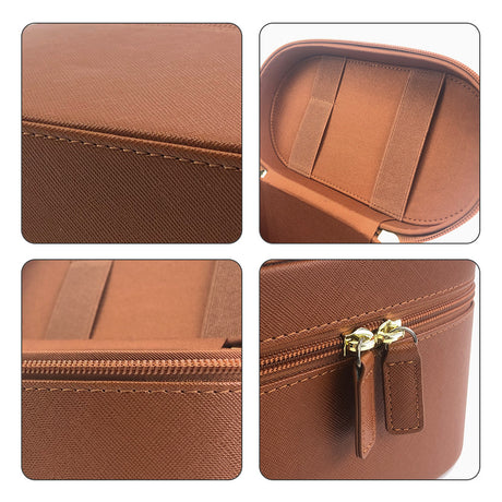 Beige Elegant PU Leather Makeup & Toiletry Bag - Large Capacity Travel Cosmetic Organizer with Brush Holder