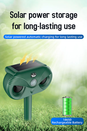 Black Advanced Solar Powered Ultrasonic Animal Repeller - Outdoor Pest Deterrent with Motion Sensor, Strobe Light & Laser