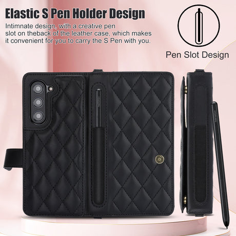 Purple Galaxy Z Fold6 Multi-Functional Leather Wallet Case for Samsung Z Fold Series - Crossbody with Pen Slot, Quilted Design