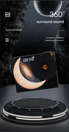 Retro Vinyl Bluetooth Speaker with Moon Ambient Light, Clock & 360 Surround Sound(white)