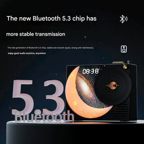 Retro Vinyl Bluetooth Speaker with Moon Ambient Light, Clock & 360 Surround Sound(pink)