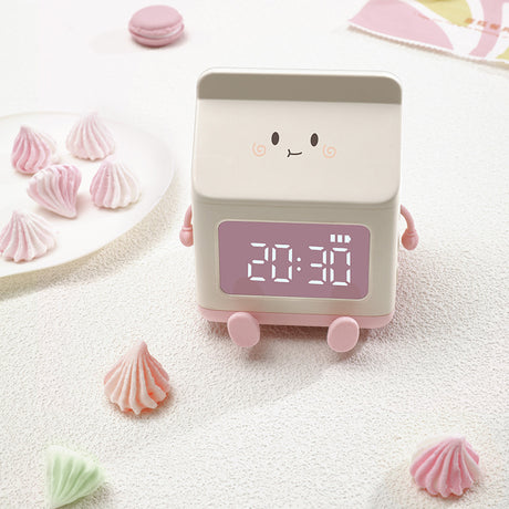 Cute Milk Carton Digital Alarm Clock with Countdown Timer & Snooze - USB-C Rechargeable(Brown)