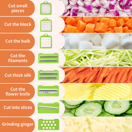 Green Versatile 14-in-1 Vegetable Chopper & Slicer Set - Multi-functional Kitchen Mandoline Dicer & Grater