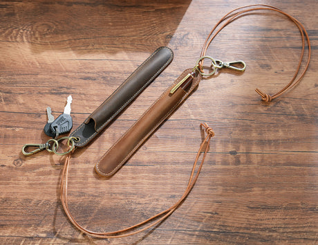 Coffee Vintage Top-Grain Leather Pen Sleeve Holder with Neck Strap - Protective Single Pen Case