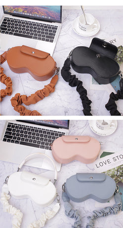 Blue Chic PU Leather Crossbody Storage Bag for Apple AirPods Max - Protective Case with Ruched Fabric Strap & Top Handle