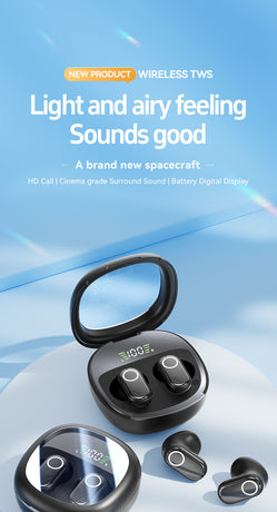 Black Feather-Light TWS Earbuds - Bluetooth 5.4, Hi-Fi Sound, LED Display Case, 60H+ Playtime, Touch Control