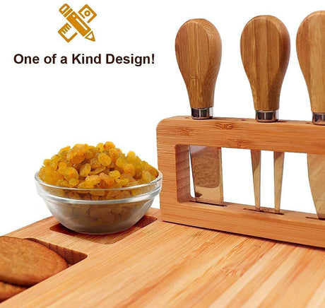 Bamboo Cheese Board Set Charcuterie Board Platter Serving Meat Board Including 4 Stainless Steel Knife and Serving Utensils for Christmas Wedding Birthday Anniversary