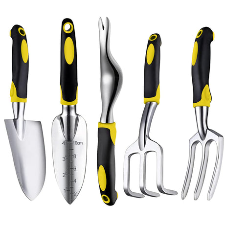 Garden Tools Set, 5 Piece Heavy Duty Aluminum Gardening Tools kit,Non-Slip Rubber Grip Gardening Tools for Man, Women (Yellow)
