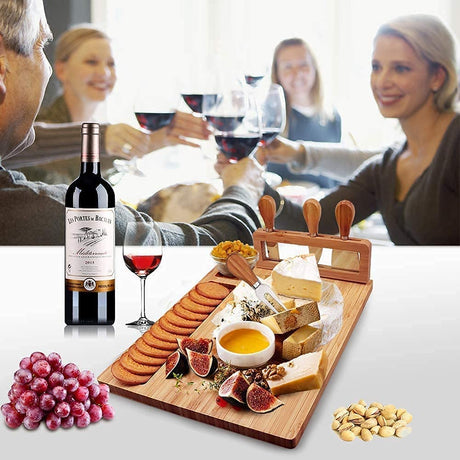 Bamboo Cheese Board Set Charcuterie Board Platter Serving Meat Board Including 4 Stainless Steel Knife and Serving Utensils for Christmas Wedding Birthday Anniversary