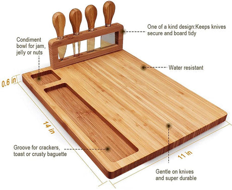 Bamboo Cheese Board Set Charcuterie Board Platter Serving Meat Board Including 4 Stainless Steel Knife and Serving Utensils for Christmas Wedding Birthday Anniversary