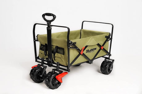 Heavy Duty Collapsible Folding Wagon Cart Trolly for Utility Outdoor Camping Garden Beach Picnic Shopping and Grocery Cart with All-Terrain Beach Wheels with Brakes and Adjustable Heavy Duty Handle and Drink Holder