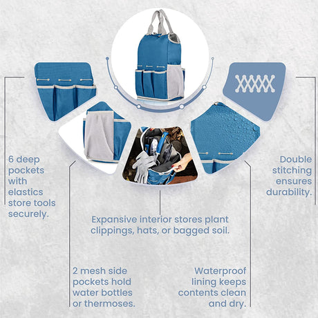 9-Pc. Garden Tools Set & Tote – Multi-Pocket Bag with Knee Support Pads, 6 Aluminium Alloy Hand Tools, & 1-Size-Fits-All Gardening Gloves – Heavy-Duty, Stylish Planting Tool Kit by botana, Blue/Grey